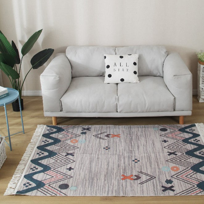 Colourful Grey Geometric Patterned Cotton Area Rug with Tassel Hand Woven Floor Carpet Rug for Living Room Bedroom