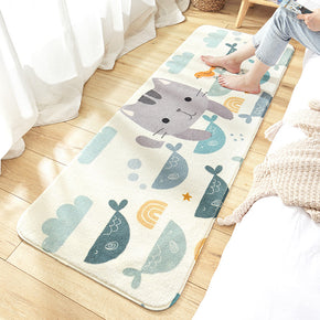 Cat Catching Fish Cute Cartoon Patterned Plush Soft Girls Boys Bedroom Kids Room Bedside Carpet Rugs Runners