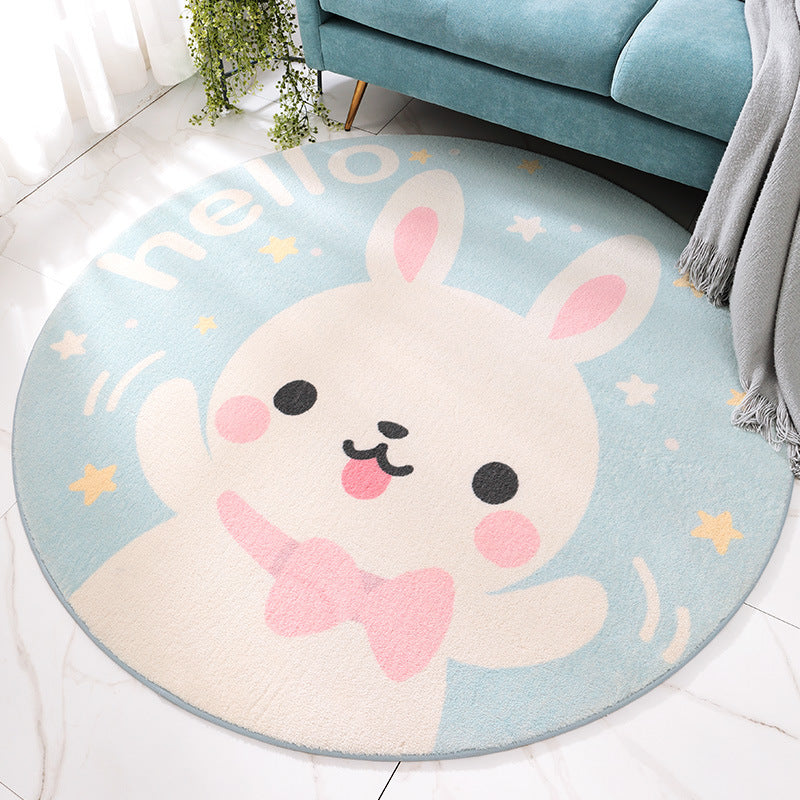 Rabbit Pattern Light Blue Round Plush Soft Girls Boys Bedroom Kids Room Bedside Living Room Carpet Rugs