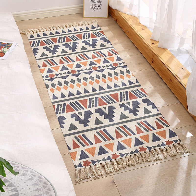 Moroccan Style Colourful Geometric Cotton Area Rug with Tassel Hand Woven Floor Carpet Rug for Living Room Bedroom