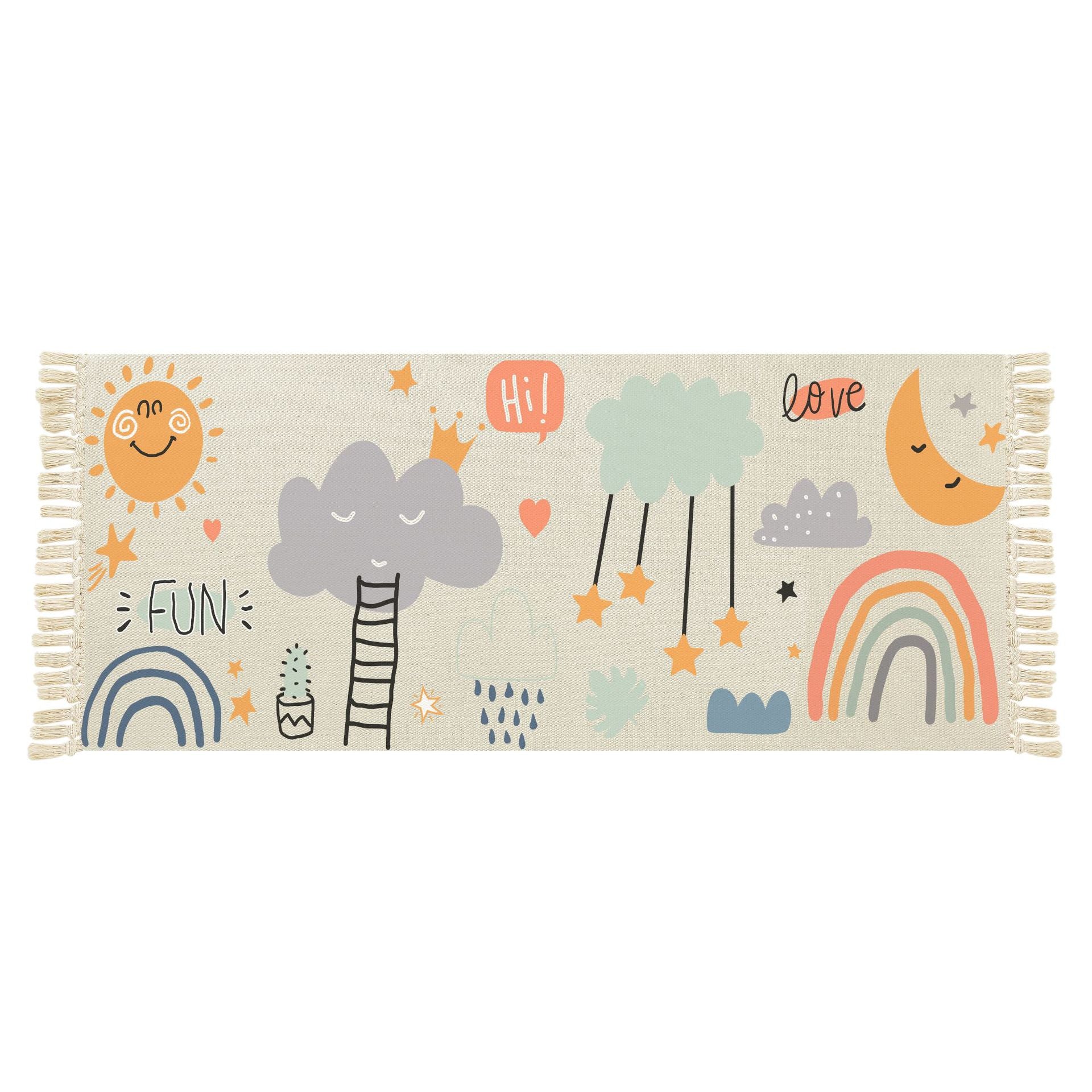Cartoon Pattern Cotton Area Rug with Tassel Hand Woven Floor Carpet Rug for Living Room Bedroom