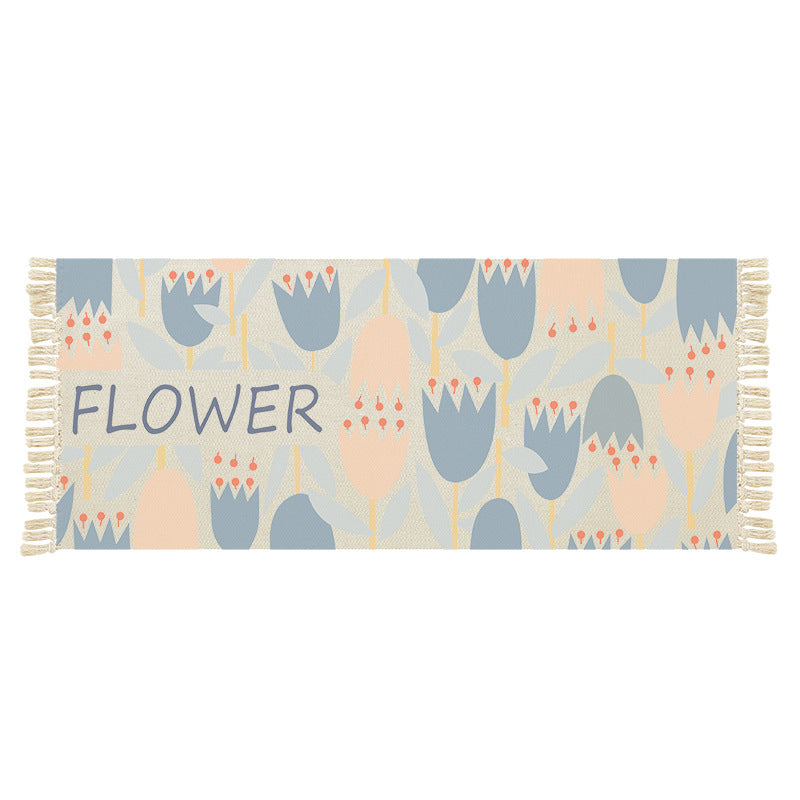 Flowers Pattern Cotton Area Rug with Tassel Hand Woven Floor Carpet Rug for Living Room Bedroom