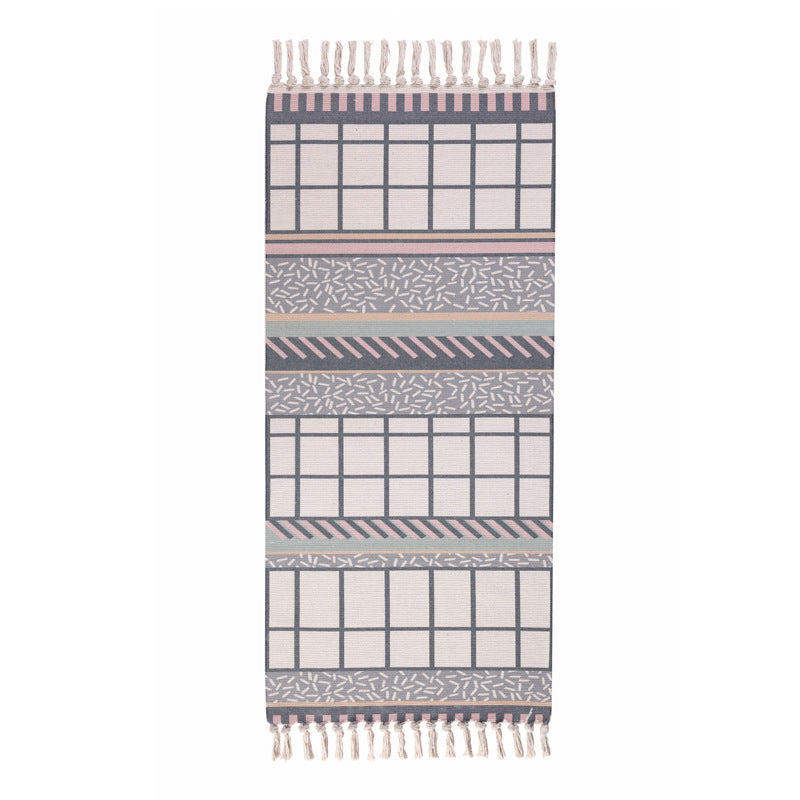 Moroccan Style Checked Striped Pattern Cotton Area Rug with Tassel Hand Woven Floor Carpet Rug for Living Room Bedroom