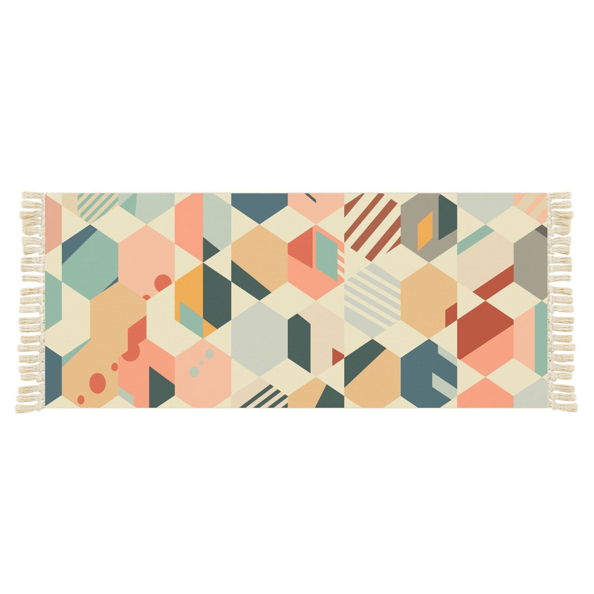Colourful Hexagon Geometric Pattern Cotton Area Rug with Tassel Hand Woven Floor Carpet Rug for Living Room Bedroom