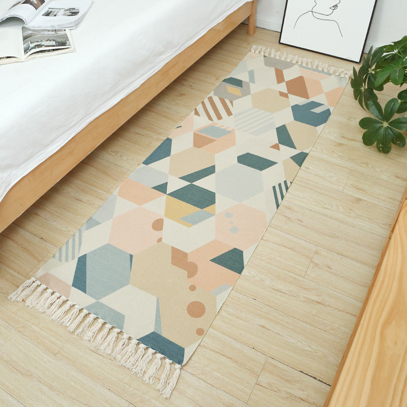 Quality Colourful Hexagon Pattern Cotton Area Rug with Tassel Hand Woven Floor Carpet Rug for Living Room Bedroom