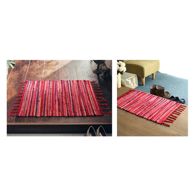 Red Handwoven Eco-Friendly Cotton Striped Carpet With Tassel For Bedroom Bedside Kitchen Living Room Bathroom Absorbent Floor Mat