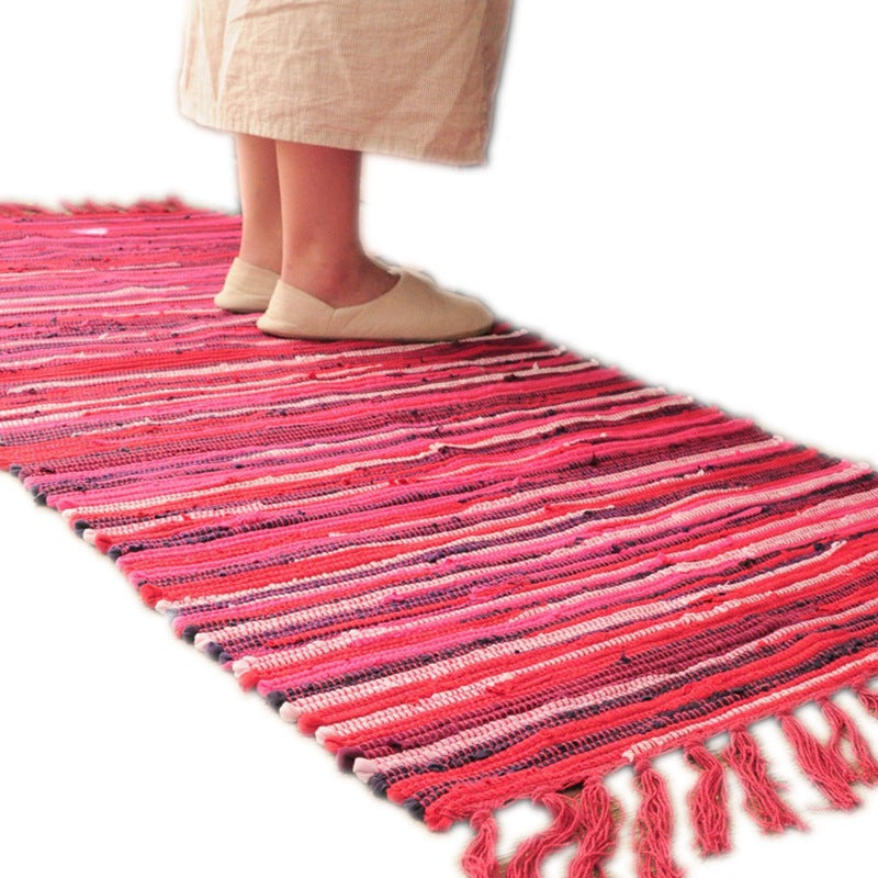Red Handwoven Eco-Friendly Cotton Striped Carpet With Tassel For Bedroom Bedside Kitchen Living Room Bathroom Absorbent Floor Mat