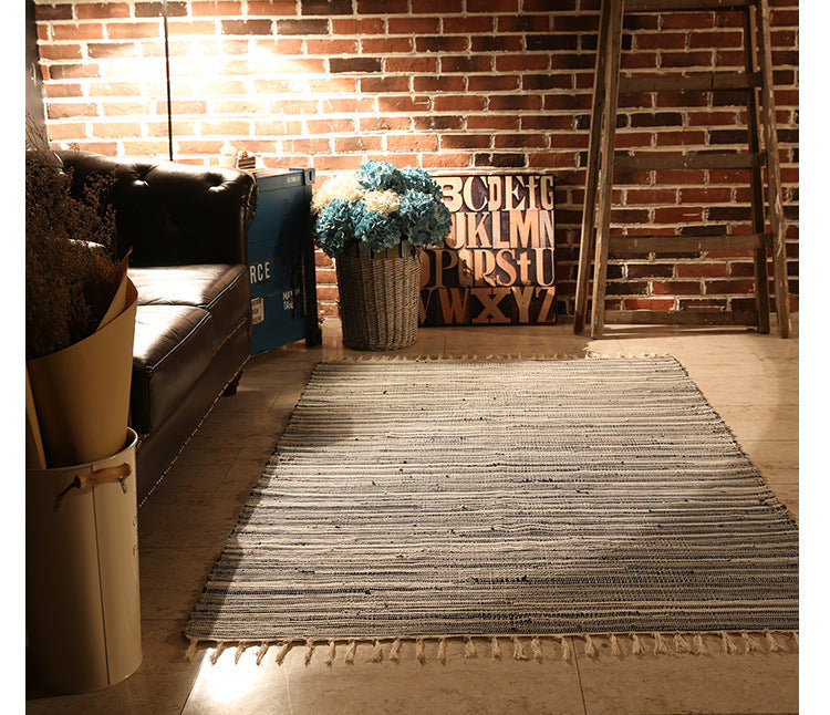 Grey Handmade Eco-Friendly Cotton Striped Carpet With Tassel For Bedroom Bedside Kitchen Living Room Bathroom Absorbent Floor Mat