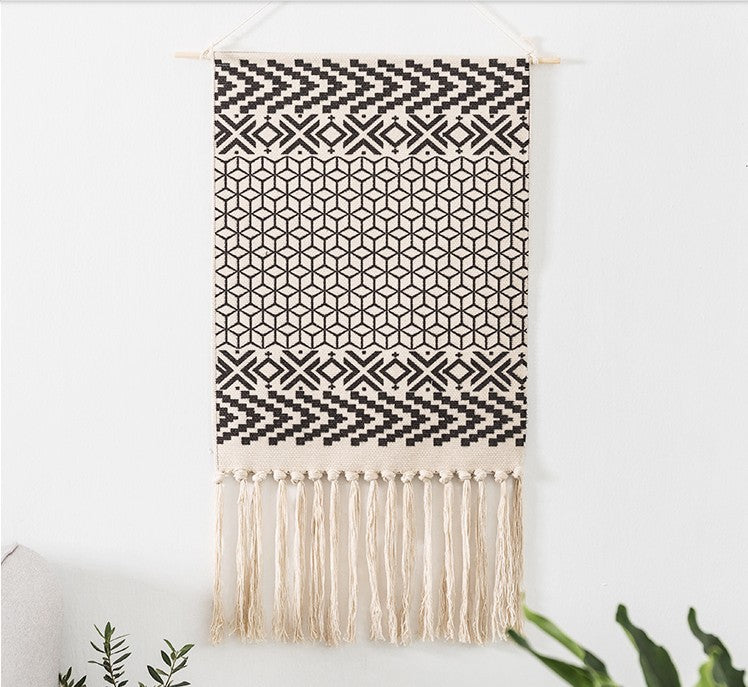 Black Moroccan Geometric Pattern Cotton Hanging Rugs Tapestry with Tassel Handwoven for Bedroom Living Room Hall Wall Decor Art Tapestries