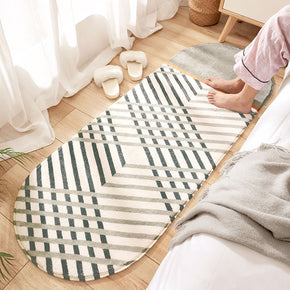 Green Crossing Lines Patterned Oval Plush Soft Girls Boys Bedroom Kids Room Bedside Carpet Rugs Runners