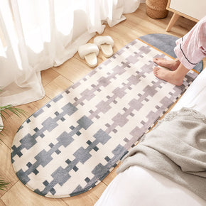 Grid Patterned Oval Plush Soft Girls Boys Bedroom Kids Room Bedside Carpet Rugs Runners