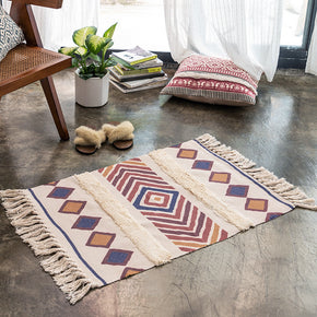 Blue Moroccan Warm Cotton Vintage Striped Area Rug with Tassel Hand Woven Floor Carpet Rug for Bedroom Living Room