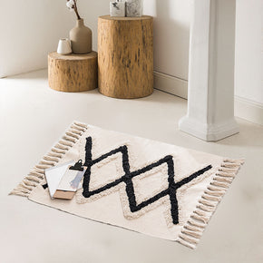 White Warm Cotton Vintage Striped Area Rug with Tassel Hand Woven Floor Carpet Rug for Bedroom Living Room