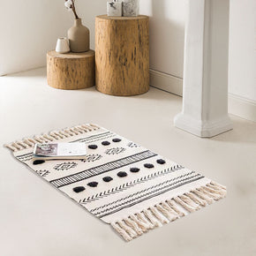 White Geometric Warm Cotton Vintage Striped Area Rug with Tassel Hand Woven Floor Carpet Rug for Bedroom Living Room