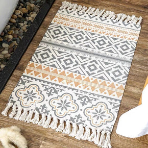 Vintage Warm Grey Striped Geometric Cotton Area Rug with Tassel Hand Woven Floor Carpet Rug for Bedroom Living Room