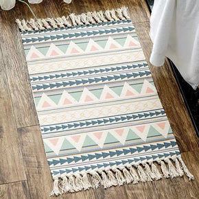 Green Vintage Moroccan Cotton Striped Geometric Warm Area Rug with Tassel Hand Woven Floor Carpet Rug for Living Room Bedroom