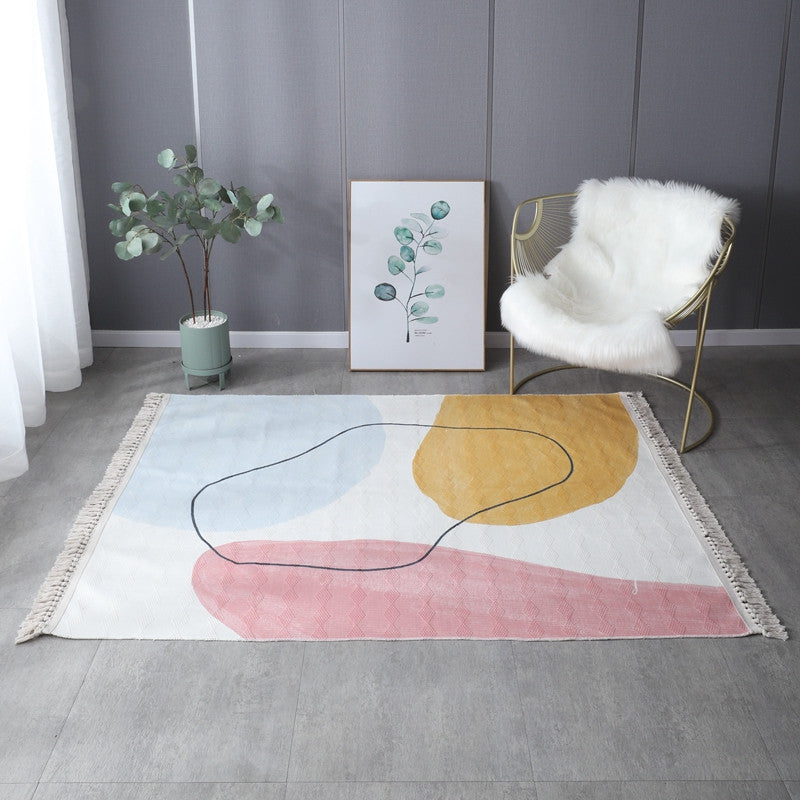 Retro Simple Cotton Linen Area Rug with Tassel Hand Woven Floor Carpet Rug for Living Room Bedroom 01