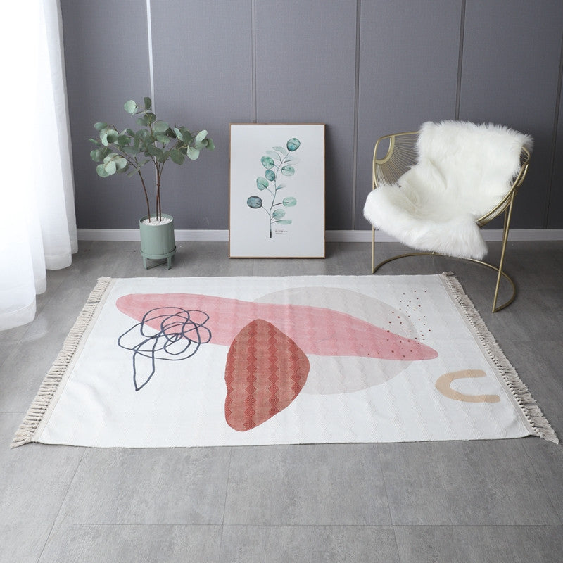 Retro Simple Cotton Linen Area Rug with Tassel Hand Woven Floor Carpet Rug for Living Room Bedroom 04