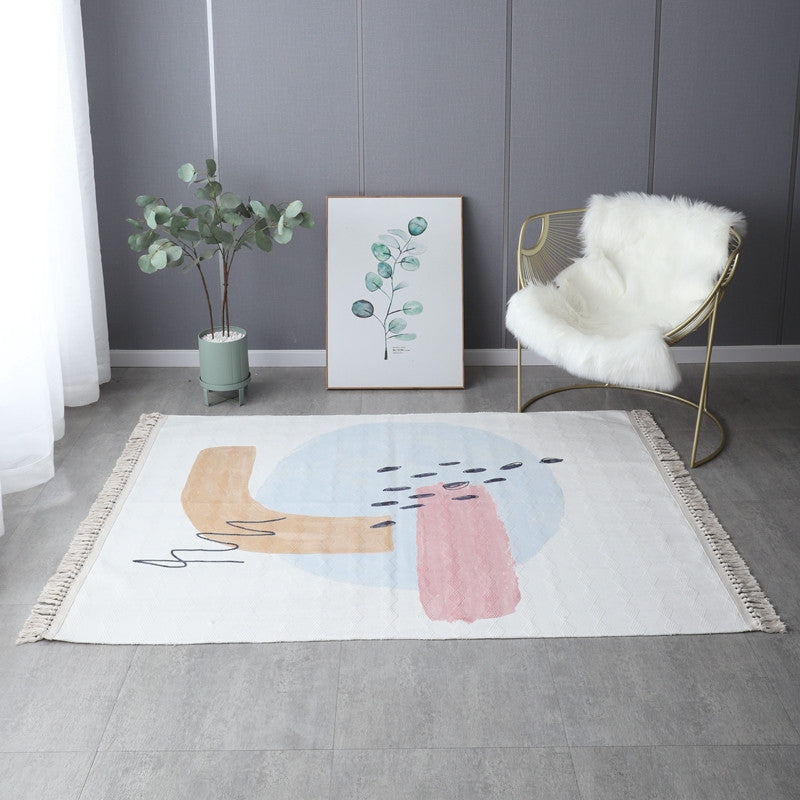 Retro Simple Cotton Linen Area Rug with Tassel Hand Woven Floor Carpet Rug for Living Room Bedroom 06