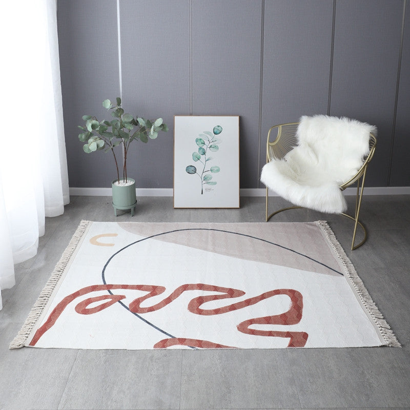 Retro Simple Cotton Linen Area Rug with Tassel Hand Woven Floor Carpet Rug for Living Room Bedroom 07