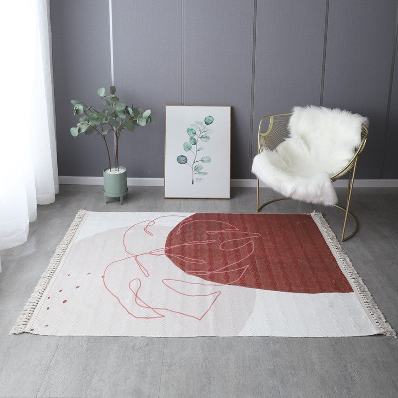 Retro Simple Cotton Linen Area Rug with Tassel Hand Woven Floor Carpet Rug for Living Room Bedroom 15