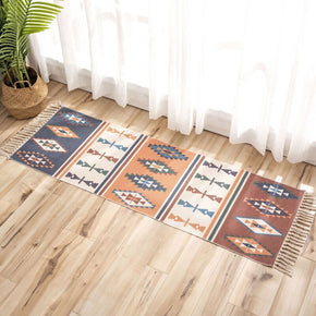 Pretty Multicolored Geometric Pattern Cotton Linen Area Rug with Tassel Hand Woven Floor Carpet Rug for Living Room Bedroom