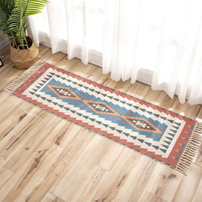 Vintage Multicolored Geometric Pattern Cotton Linen Area Rug with Tassel Hand Woven Floor Carpet Rug for Living Room Bedroom
