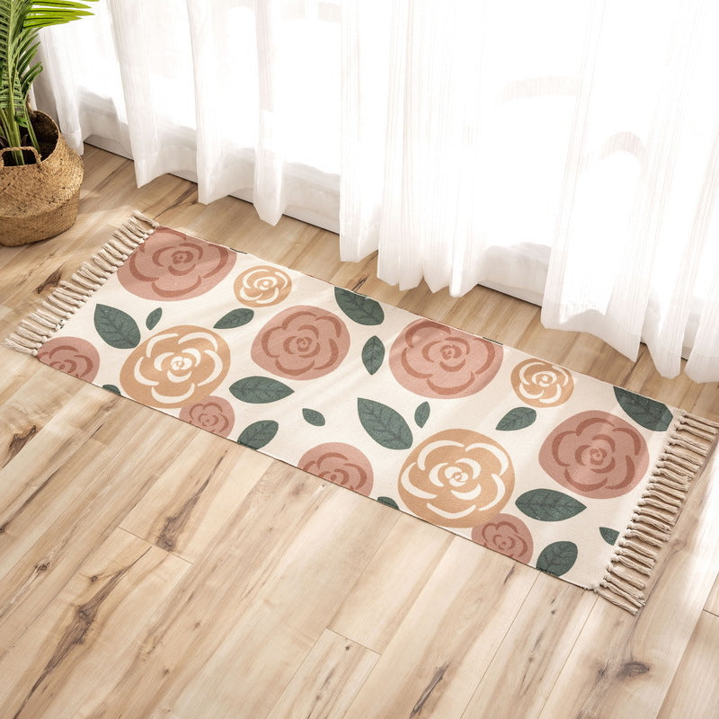 Red Flowers Pattern Cotton Linen Area Rug with Tassel Hand Woven Floor Carpet Rug for Living Room Bedroom