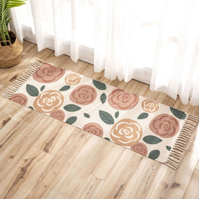 Red Flowers Pattern Cotton Linen Area Rug with Tassel Hand Woven Floor Carpet Rug for Living Room Bedroom