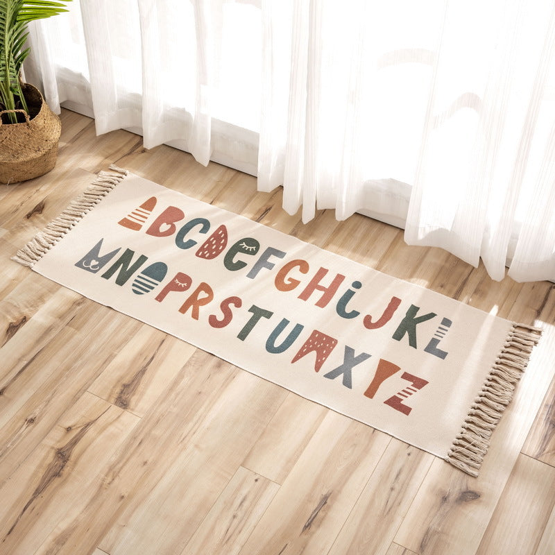 Colourful English Letters Pattern Cotton Linen Area Rug with Tassel Hand Woven Floor Carpet Rug for Living Room Bedroom