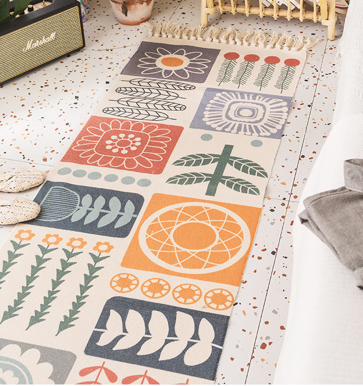Coloured Plant Pattern Cotton Linen Area Rug with Tassel Hand Woven Floor Carpet Rug for Living Room Bedroom