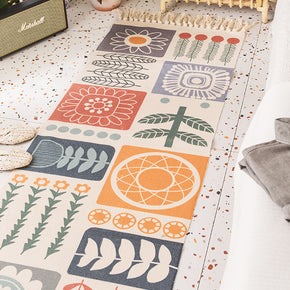 Coloured Plant Pattern Cotton Linen Area Rug with Tassel Hand Woven Floor Carpet Rug for Living Room Bedroom