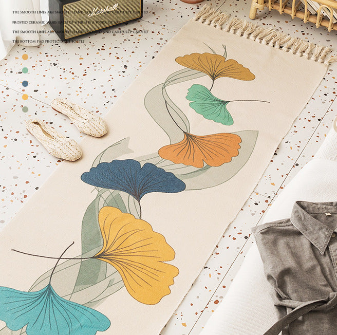 Beautiful Ginkgo Leaves Pattern Cotton Linen Area Rug with Tassel Hand Woven Floor Carpet Rug for Living Room Bedroom