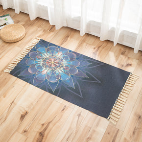 Blue Flower Pattern Cotton Linen Area Rug with Tassel Hand Woven Floor Carpet Rug for Living Room Bedroom