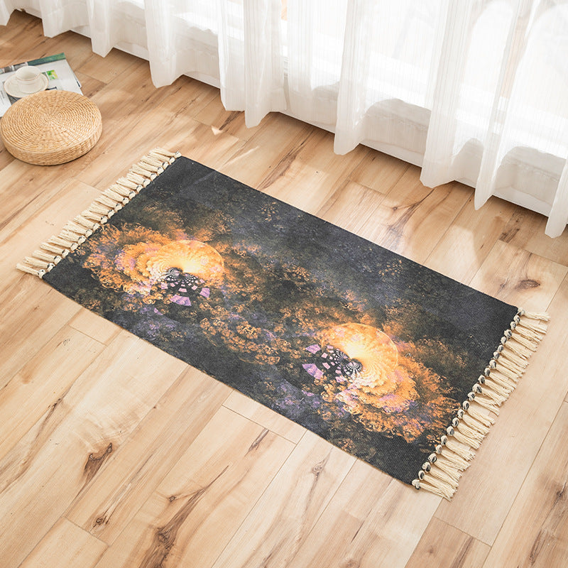 Glowing Forest Pattern Cotton Linen Area Rug with Tassel Hand Woven Floor Carpet Rug for Living Room Bedroom