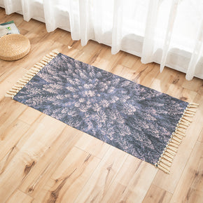 Grey Forest Pattern Cotton Linen Area Rug with Tassel Hand Woven Floor Carpet Rug for Living Room Bedroom