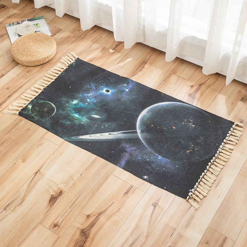Black Universe Pattern Cotton Linen Area Rug with Tassel Hand Woven Floor Carpet Rug for Living Room Bedroom