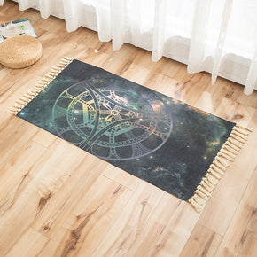 Black Machinery Pattern Cotton Linen Area Rug with Tassel Handwoven Floor Carpet Rug for Living Room Bedroom