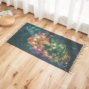 Colour Vintage Printed Pattern Cotton Linen Area Rug with Tassel Handwoven Floor Carpet Rug for Living Room Bedroom