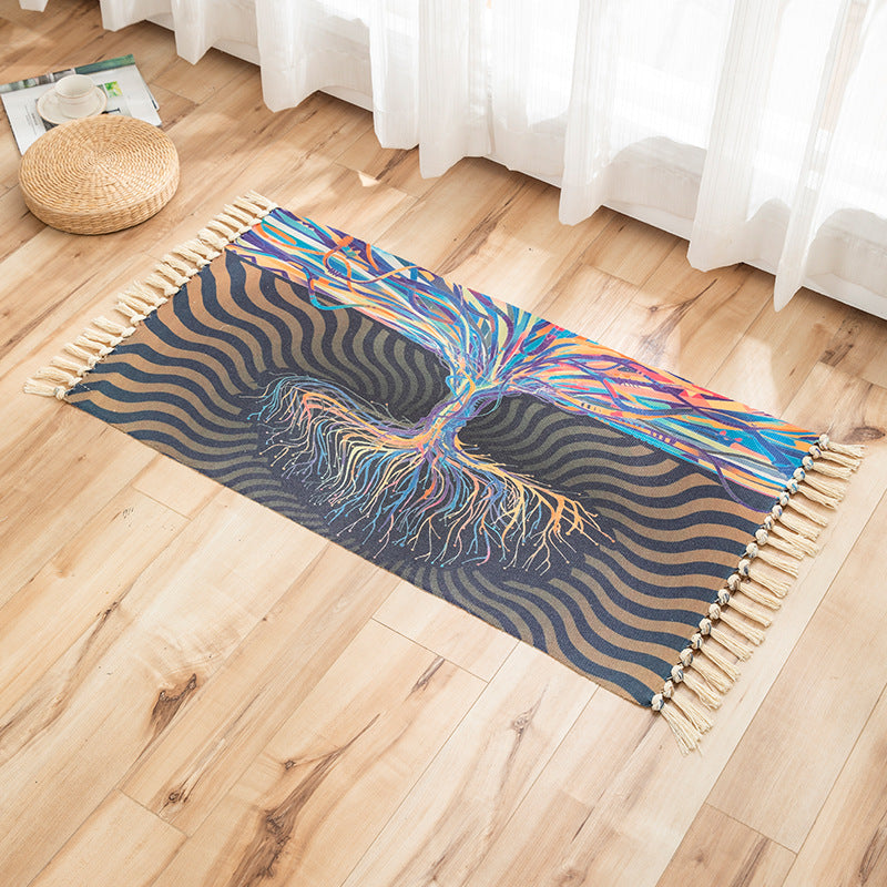 Colour Tree Root Pattern Cotton Linen Area Rug with Tassel Handwoven Floor Carpet Rug for Living Room Bedroom