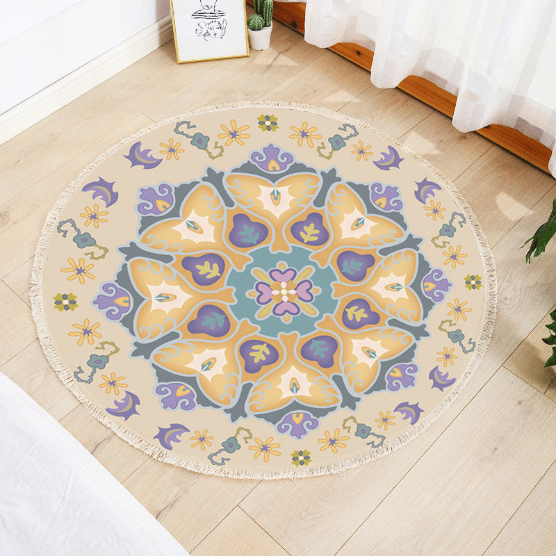 Yellow Floral Modern Round Cotton linen Area Rug Hand Woven Floor Carpet Rug for Living Room Bedroom