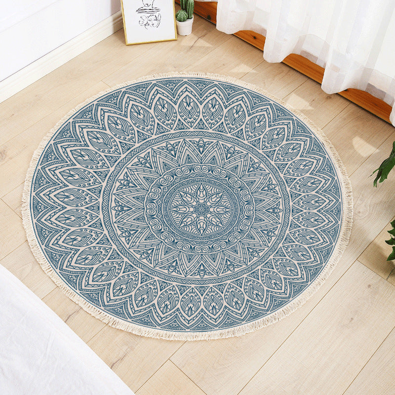 Modern Round Blue Cotton linen Area Rug Hand Woven Floor Carpet Rug for Living Room Bedroom