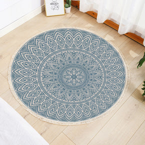 Modern Round Blue Cotton linen Area Rug Hand Woven Floor Carpet Rug for Living Room Bedroom