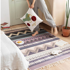 Purple Moroccan Geometry Pattern Cotton Area Rug with Tassel Hand Woven Floor Carpet Rug for Bedroom Living Room