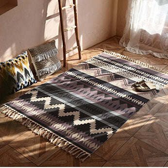 Purple Moroccan Geometry Pattern Cotton Area Rug with Tassel Hand Woven Floor Carpet Rug for Bedroom Living Room