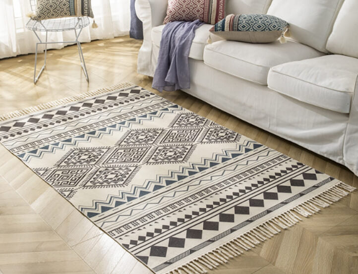 Black Morocco Geometric Pattern Cotton Area Rug with Tassel Hand Woven Floor Carpet Rug for Bedroom Living Room