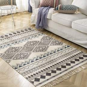 Black Morocco Geometric Pattern Cotton Area Rug with Tassel Hand Woven Floor Carpet Rug for Bedroom Living Room