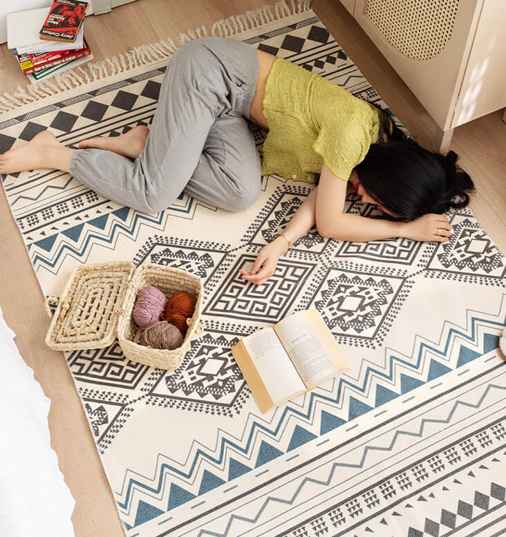 Black Morocco Geometric Pattern Cotton Area Rug with Tassel Hand Woven Floor Carpet Rug for Bedroom Living Room