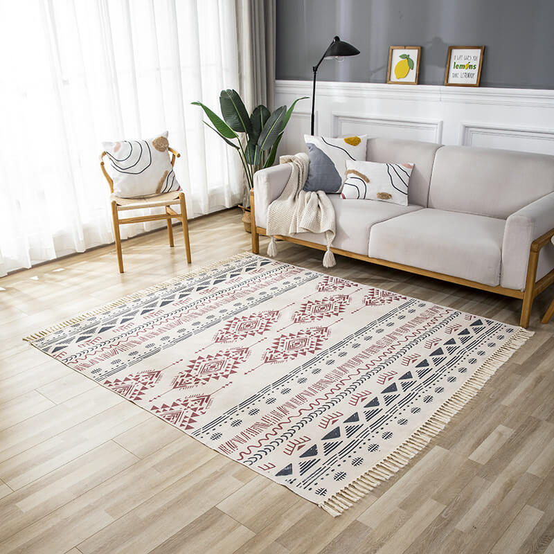 Black Red Morocco Geometric Pattern Cotton Area Rug with Tassel Hand Woven Floor Carpet Rug for Bedroom Living Room