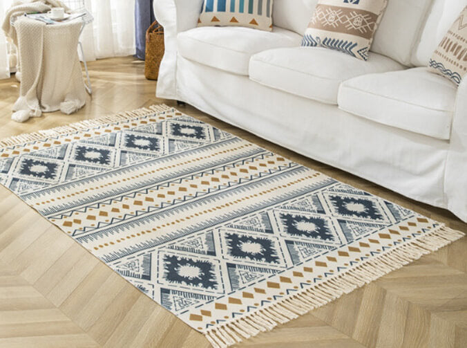 Grey Rhombus Geometry Pattern Cotton Area Rug with Tassel Hand Woven Floor Carpet Rug for Bedroom Living Room